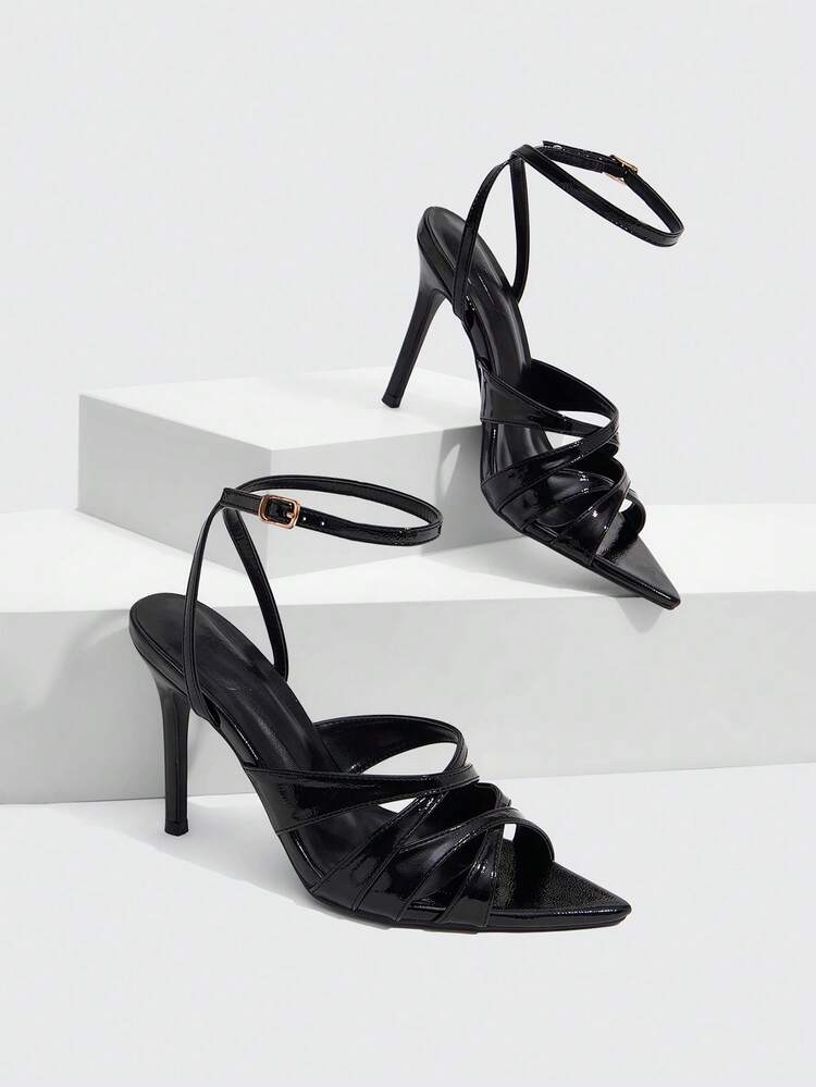 CUCCOO SZL Women Shoes Black PU Hollow Design Ankle Strap Fashion Sexy Pointed Stiletto Sandals