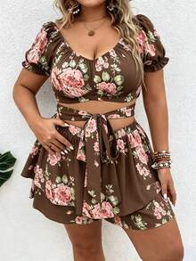 Vionelle Plus Size Women's Floral Print Short Top And Skort 2-Piece Set - Brown - View 7