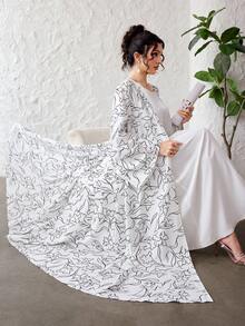 Yasmyna Elegant Printed Headscarf Long Sleeve Flared Women's Abaya - Black and White - View 6