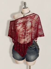 SHEIN ICON Women's Plus Size Lace One Shoulder Asymmetrical Hem Cover-Up Top - Burgundy - View 3