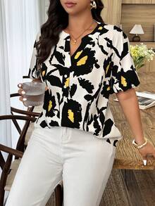 Weeklong Plus Size Women's Spring/Summer Notched Neck Elastic Cuff Botanical Print Casual Vacation Shirt - Multicolor - View 4