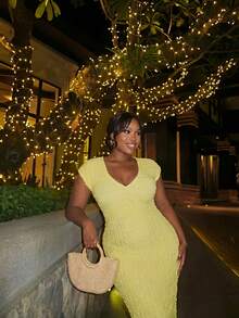 Firerie Plus Size Women's Solid Color Casual Formal Party Vacation Wedding Guest Dress Elegant Graduation Summer Yellow - Yellow - View 2
