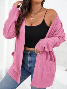 SHEIN Essnce Plus Size Women's Elegant Commuter Autumn Double Pocket Design Jacquard Long Sleeve Cardigan Fall - Hot Pink - View 4