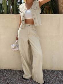 Livesso Round Neck Sleeveless Casual Top Loose Long Pants Women's Denim Set Travel Light Beige Summer - White - View 3