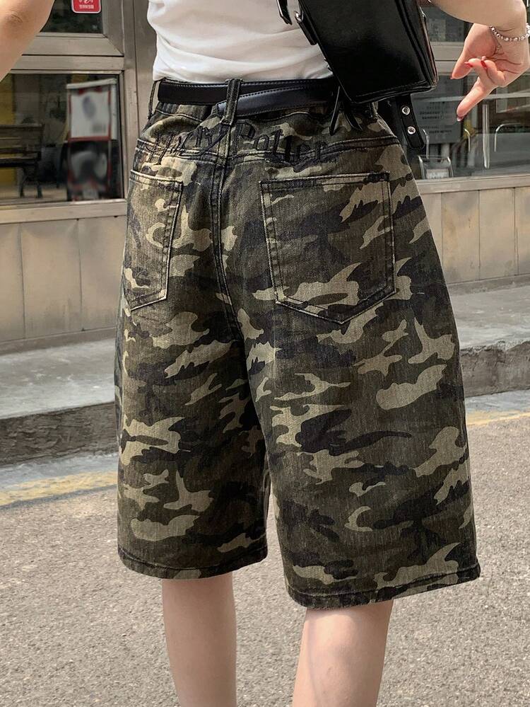 Camouflage Short Letter Embroidery Women's Denim Shorts