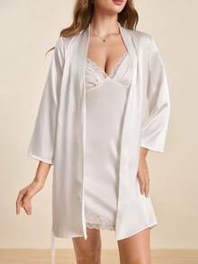 Hourtrue Drop Shoulder Contrast Trim Belted Satin Sleep Robe Luxe Loungewear, Fall, Winter - White - View 5