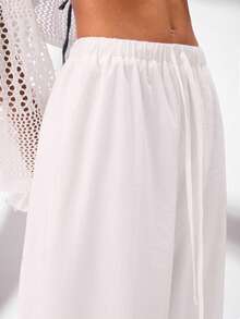 SHEIN BASICS 女款休閒百搭素色寬腿長褲 - 白色 - 查看 8