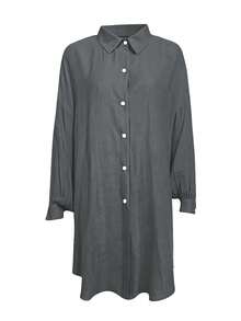 INAWLY Plus Size Women's Solid Color Long Sleeve Single Breasted Loose Casual Long Shirt - Grey - View 4