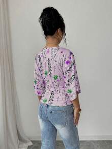 Rafferiza Women's Spring/Autumn Fashion Vacation Party Ditsy Floral Small Flower Short Sleeve Fitted Waist Ruched T-Shirt - Purple - View 2