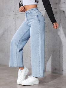 SHEIN PETITE 女款高腰口袋寬腿寬鬆休閒百搭牛仔褲 - 淺色水洗藍 - 查看 5