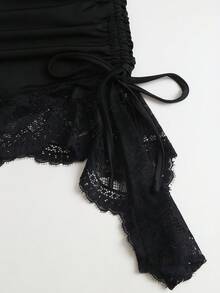 Sweetra New Summer Lace Patchwork Asymmetric Hem Drawstring Tie Design Cowl Neck Backless Elegant Commuter Fashion Mini Dress - Black - View 5