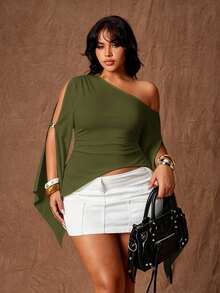Rustia Top de talla grande para chica sexy con un hombro, recorte y dobladillo asimétrico - Verde militar - Ver 3