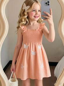 SHEIN Genkimix Kids 女童蝴蝶装饰荷叶边优雅短袖公主裙，夏季 - 粉色 - 查看 1