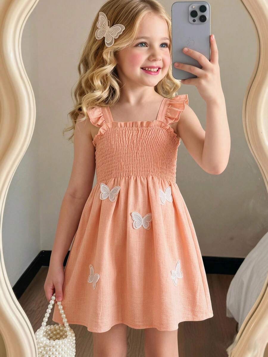 SHEIN Genkimix Kids 女童蝴蝶装饰荷叶边优雅短袖公主裙，夏季 - 粉色 - 查看 1