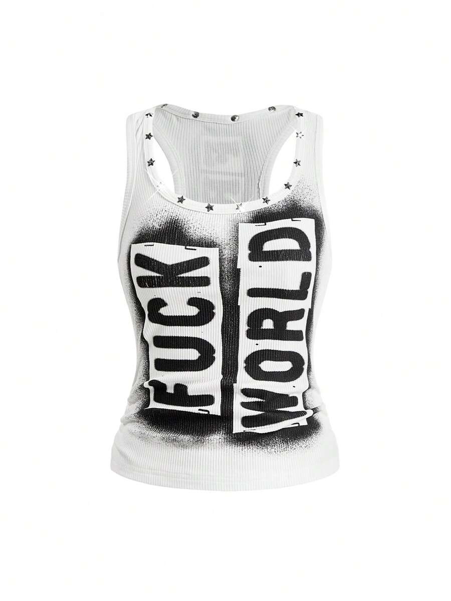 ROMWE Women's Vintage Hot Girl Streetwear Versatile Eye Starry Sky Print Five-Pointed Star Studded Tank Top - White - View 1