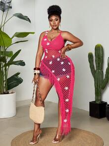 Maweii Plus Size Women's Knitwear, Knitted Top, Halter, Deep V Neckline, Asymmetric Hem, Flowers, Crochet Flowers, Openwork, Tassels, Fitted, Sexy, Women's Daily Commuting Top, Women's Clothing, Summer, Spring, Autumn, Vacation, Casual - Hot Pink - View 1