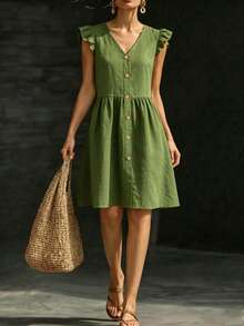 SHEIN Holidaya 女士新品：优雅性感，适合办公室、度假、海滩、通勤、浪漫约会、派对、生日派对、音乐会、情人节和嘉年华等场合。女士夏季新款V领荷叶边下摆宽松A字绿色竹麻短裙，绿色连衣裙，V领连衣裙，荷叶边下摆，荷叶边袖连衣裙，吊带连衣裙，女士度假连衣裙，女士可爱连衣裙，女士夏季连衣裙 - 綠色 - 查看 3