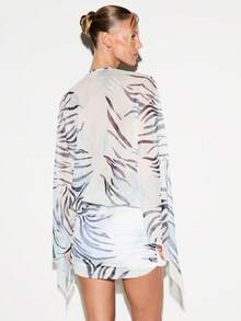 KIZN Zebra Print Plunge V-Neck Mini Dress With Extreme Kimono Sleeves Ruched Skirt Summer Party - Multicolor - View 2