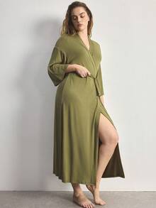 Ocili Comfortable Soft Minimalist Long Sleeve Plus Size Robe - Dark Green - View 2