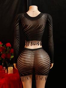 SHEIN 女款性感內衣2件組，女用性感內衣，內衣，魚網性感內衣，內衣套裝，性感套裝，蜜月，火辣 - 黑色 - 查看 7