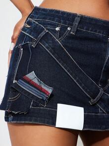 Denimoi Deconstructed Denim Mini Skirts Fashion Y2k Sexy Streetwear Concert Going Out Night Out Outfits Summer Navy Blue And White - Dark Wash - View 3