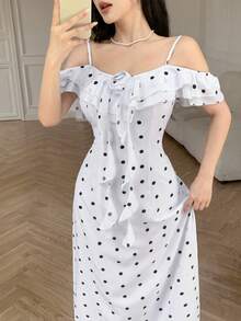 Celisse Polka Dot Ruffle Collar 3D Flower French Elegant Romantic Women's Long Dress Vacation White And Black Summer - White - View 6