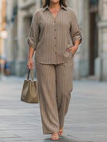 Chikora Plus Size Summer Brown Open Front Two Pieces Set, Brown Two Pieces Set, Office Wear, Suitable For Multiple Occasions - Multicolor - View 12