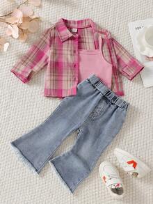 SHEIN Playful Pals 女嬰3件套，格紋長袖襯衫薄外套 + 短版抹胸上衣 + 喇叭牛仔褲，適合日常穿著、通勤、戶外活動，休閒時尚春/秋季 - 粉色 - 查看 1