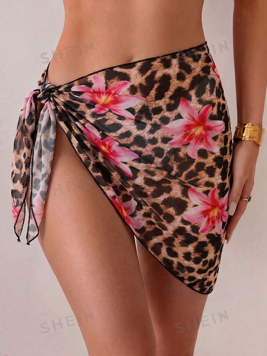 SHEIN Swim 1件豹紋印花度假時尚夏季海灘罩裙 - 彩色 - 查看 1
