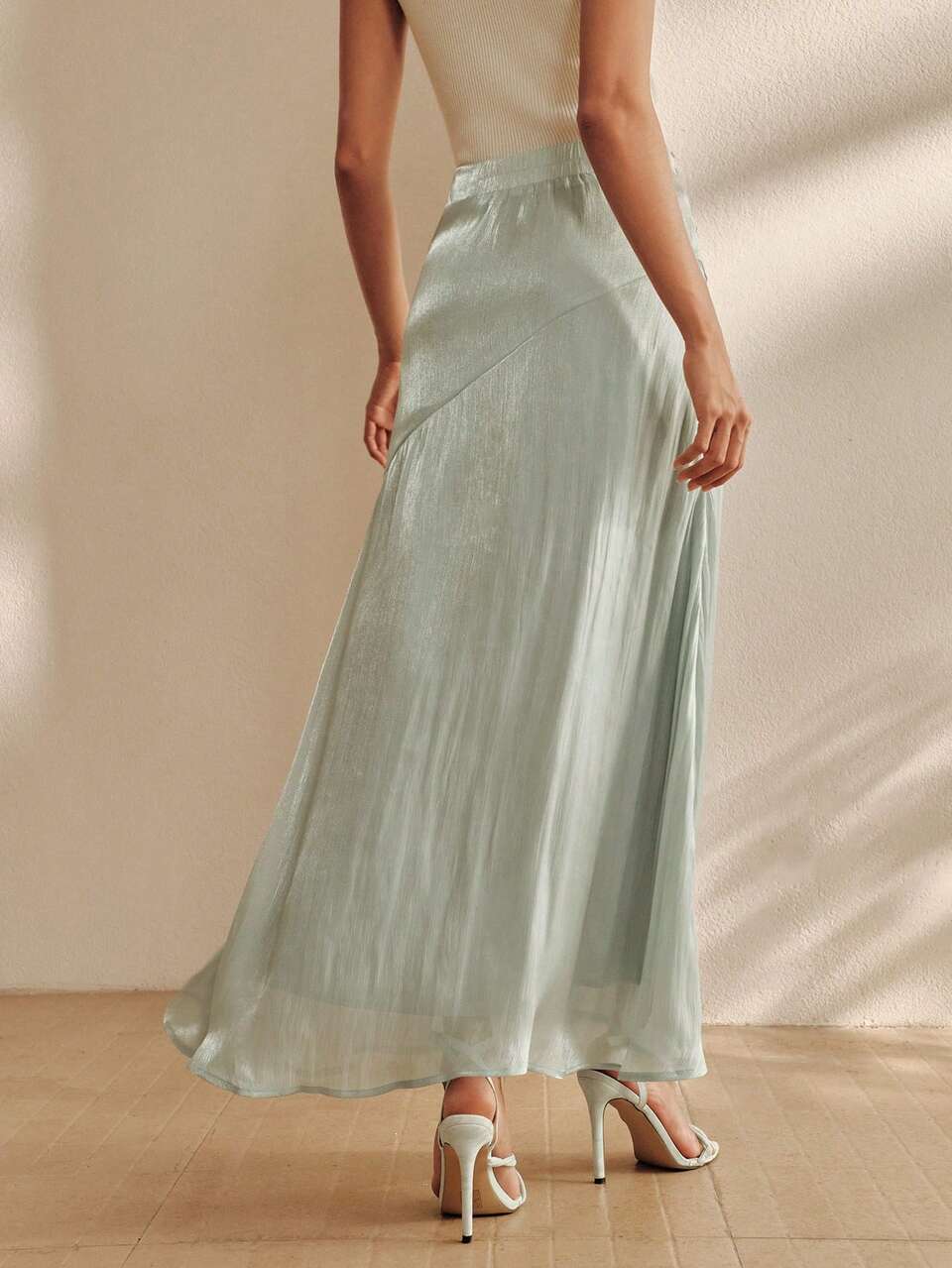 Anewsta Women's Autumn Rhinestone Chain Waist-Cinching A-Line Shiny Elegant Party Casual Vacation Skirt Sage Green