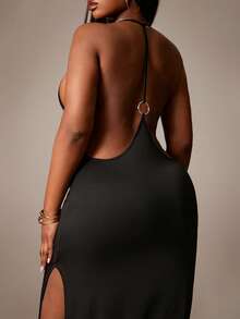 SHEIN SXY Robe sexy grande taille pour femme, couleur unie, dos nu, fente latérale à l'ourlet, col licou - Noir - Voir 8