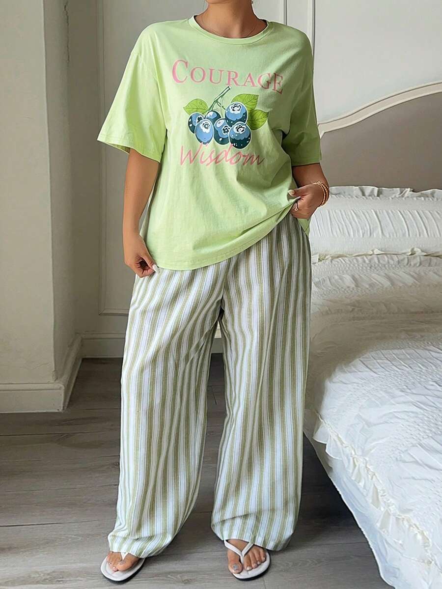 Dazy Plus 2pcs Set Printed Loose Short Sleeve T-Shirt & Striped Straight Leg Long Pajama Pants, Popular Green Color Sleepwear - Mint Green - View 1
