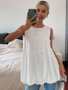 DAZY 純色全滿版3D花卉裝飾圓領無袖休閒可愛浪漫度假風夏季女款背心上衣 早午餐白色 - 白色 - 查看 1
