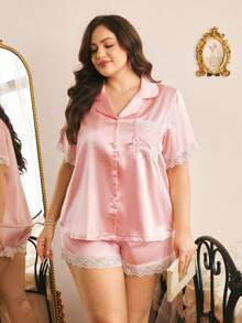 Côtesoire South France Romantic Elegant Mature Lace Patchwork Lapel Open Front Satin Plus Size Pajama Set - Baby Pink - View 1