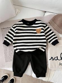 SHEIN 2件/套 青少年男孩 青少年女孩 青少年男孩 秋冬條紋圓領運動衫 & 長褲運動套裝慢跑褲，冬季衣物 - 黑與白 - 查看 5