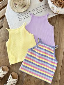 SHEIN LMoss Kids Conjunto de 3 piezas para bebé niña, top de punto color liso con patchwork floral 3D y rayas - Púrpura malva - Ver 2