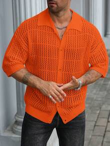 Manfinity Homme Men's Plus Size Solid Color Short Sleeve Single Breasted Casual Knit Cardigan Vacation Orange Red Summer Vacation Vacation - Orange - View 5