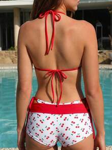 Swim Mod Women's 36SS Spring/Summer New Cherry Print V-Neck Backless Triangle Bikini Set With Bow Tie Decor, 3-Piece Swimsuit For Beach & Holiday Summer Festival Outfits For Women Party Outfit,Beach Outfits Cherry Print Bikini Bathing Suits For Women 3 Piece Bikini Sets For Women Women's Beach Outfits Holiday Outfits For Women Bikini 3 Piece Swimsuit Halter Bikini Top Swim Shorts Women Vacation Aesthetic Bikinis Set For Women - White - View 2