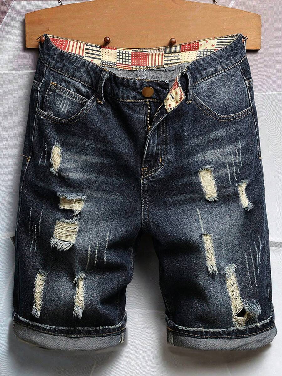 Manfinity LEGND Pantalones cortos de mezclilla casuales y versátiles para uso diario y viajes, con diseño desgastado, botones y bolsillos, talla grande para hombres - Azul lavado oscuro - Ver 1