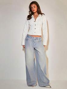 COSMINA Denim 女款波點圖案單排扣長袖修身牛仔上衣，適合日常外出、早午餐約會，黑白波點，秋季法式復古風 - 彩色 - 查看 5