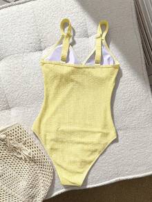 Swim Lushoire Baju Renang Terusan Bergaris dengan Detail Silang di Dada, Terbuat dari Kain Khusus - Kuning - View 2