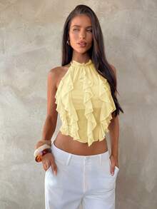 Aloruh Spring/Summer New Sexy Backless Lace-Up Design Hot Girl Sexy Slit Purple Elegant Multi-Layer Ruffle Decor Halter Neck Backless Top, Tank Top - Light Yellow - View 3