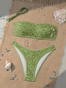 Bonvoyette Swim SXY 2件組 春夏度假花卉亮片紋理布料平口比基尼上衣與高衩比基尼泳褲性感女款泳衣套裝 - 薄荷綠 - 查看 6