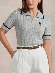Briarwyn Women's Cartoon Bear Pattern Lapel Short Sleeve Knit Top Back-To-School School Grey Autumn Preppy - Light Grey - View 9