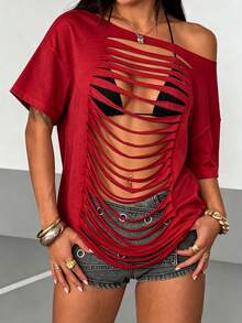 StreetHx Women's White Ripped Front Sexy Hollow Out Fringe Design Street Wear Y2K Baddie Punk Rock Oversized Suitable For Music Festivals Short Sleeve T-Shirt - Burgundy - View 5