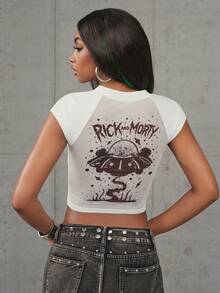 Rick and Morty X SHEIN 女款字母印花休閒百搭日常T恤 - 白色 - 查看 8