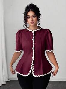 SHEIN Clasi 大尺碼女款波浪飾邊短澎澎袖單排扣襯衫 - 酒紅色 - 查看 6