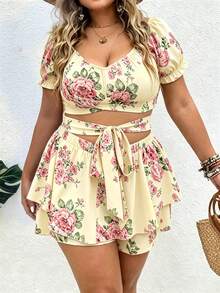 Vionelle Plus Size Women's Boho Casual Formal 2-Piece Set With Large Scoop Neck Tie-Up Cross Floral Print Crop Top Ruffle Mini Skirt Beach Pastel Pink Summer - Yellow - View 4