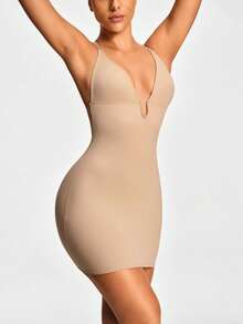 SHAPORA Đầm ôm body đơn giản màu trơn dây mảnh chéo lưng cho nữ - Màu Khaki - Xem 3