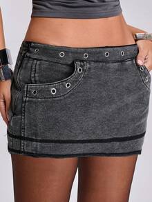 ACID BLVD Summer Vacation Y2K Hot Girl Metallic Eyelet Washed Bodycon Mini Skirt - Grey - View 1
